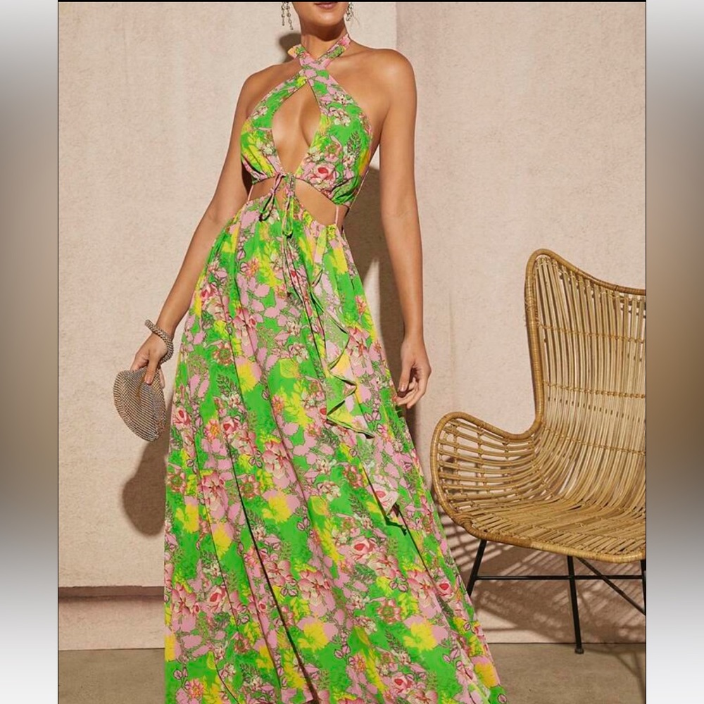 SHEIN X Mienne Floral Print Crisscross Tie Backless Split Thigh Halter Dress
